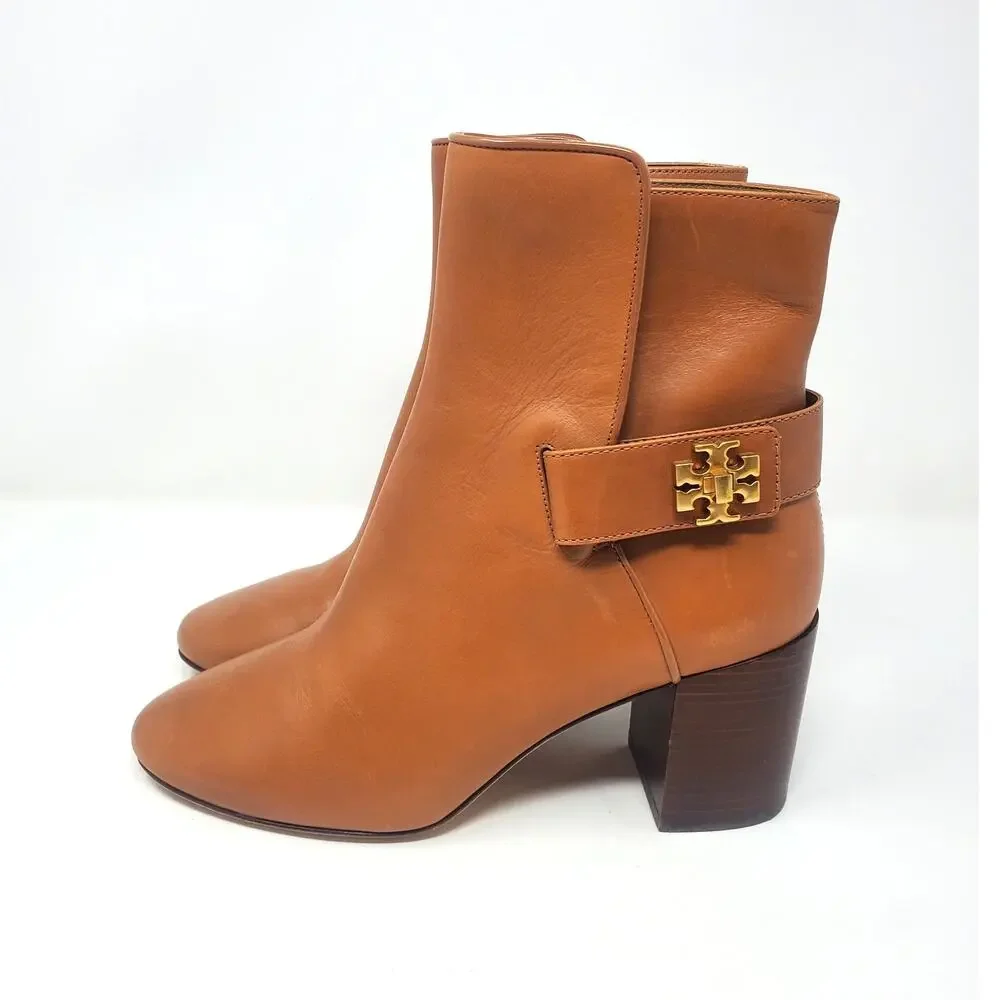 Tory Burch Kira 70MM Bootie Calf Leather Ankle Boots Mid Tan 59585 Size US 7 M